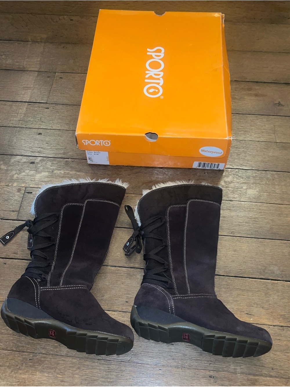 Sporto Brown Suede Wedge Boots With Faux Fur - Size 6.5 M